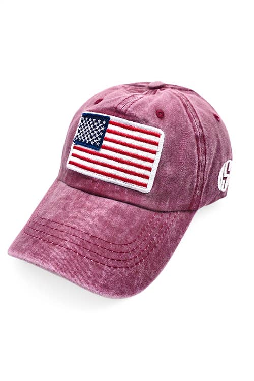 American Flag Embroidered Baseball Cap - Burgundy